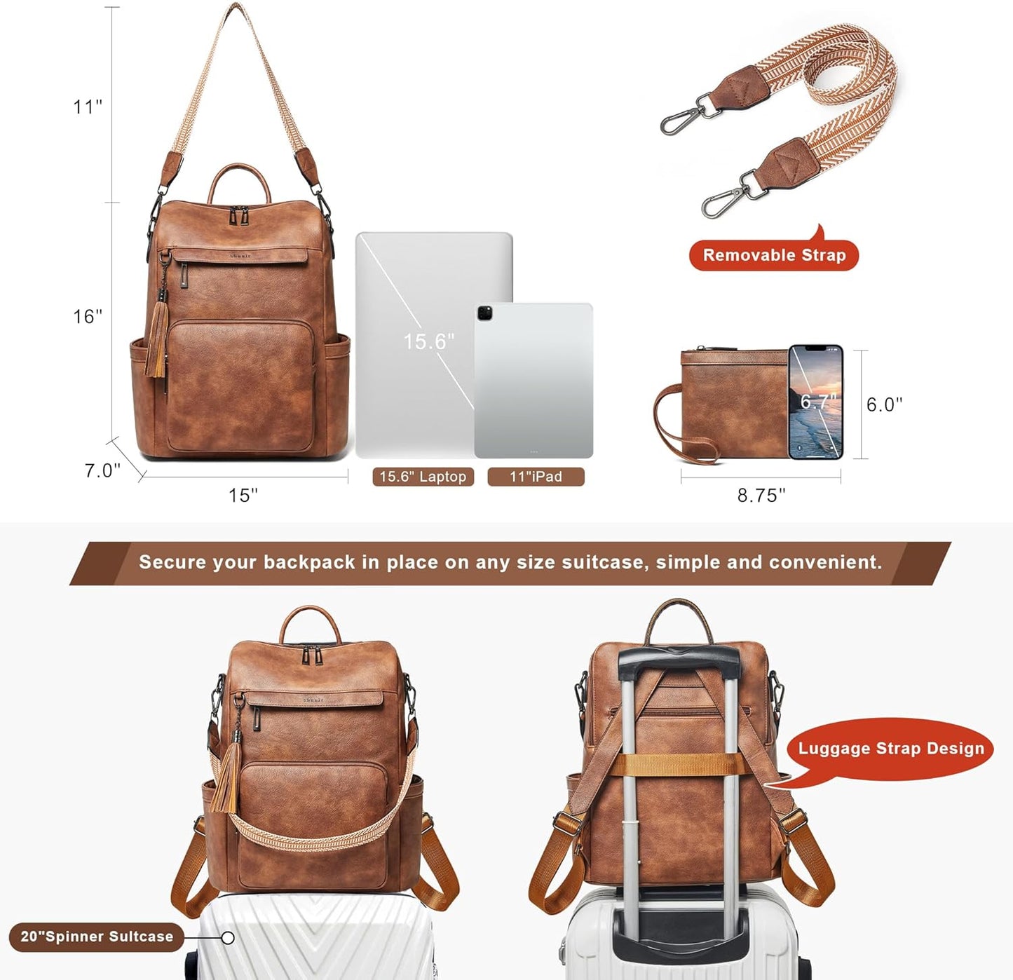 Shrrie Vegan Leather Laptop Backpack for Women 15.6 inch Work Backpack Fashion Travel Backpack Purse for Travel College Work