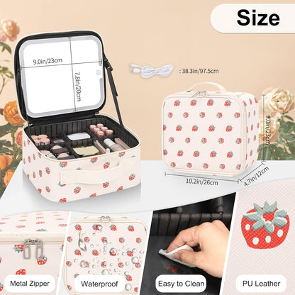 Makeup Bag With LED Mirror, Travel Makeup Case with Light up Mirror Fashion Cute Cosmetic Bag with 3 Color Lighted Portable Organizer Case with Adjustable Dividers （Strawberry/Beige,Small）
