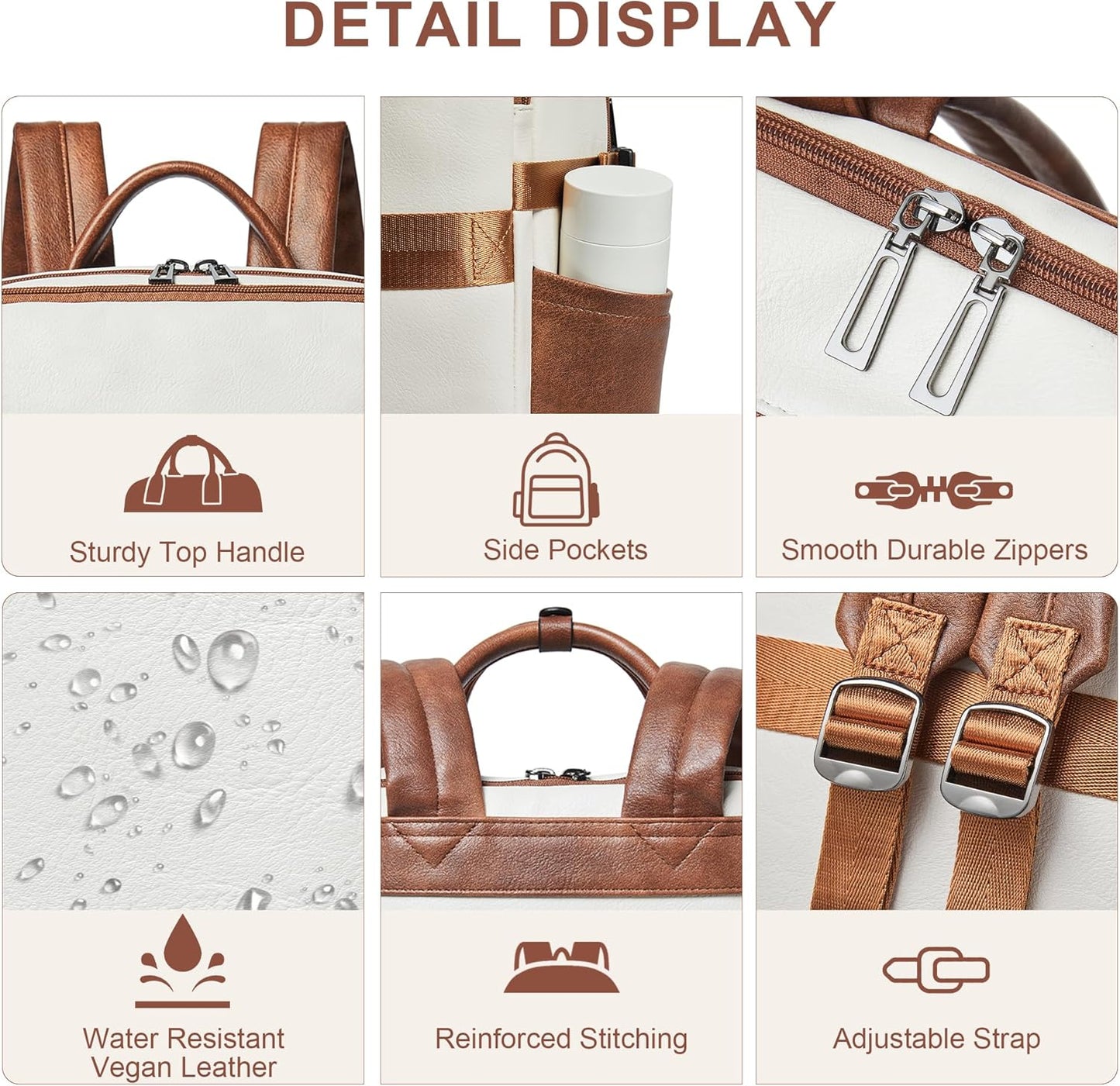 Shrrie Laptop Backpack for Women,Vegan Leather Backpack Work Computer Backpacks fits 16" Laptop,Water Resistant Teacher Nurse Casual Daypack for Weekender Camping Travel,Beige with Brown