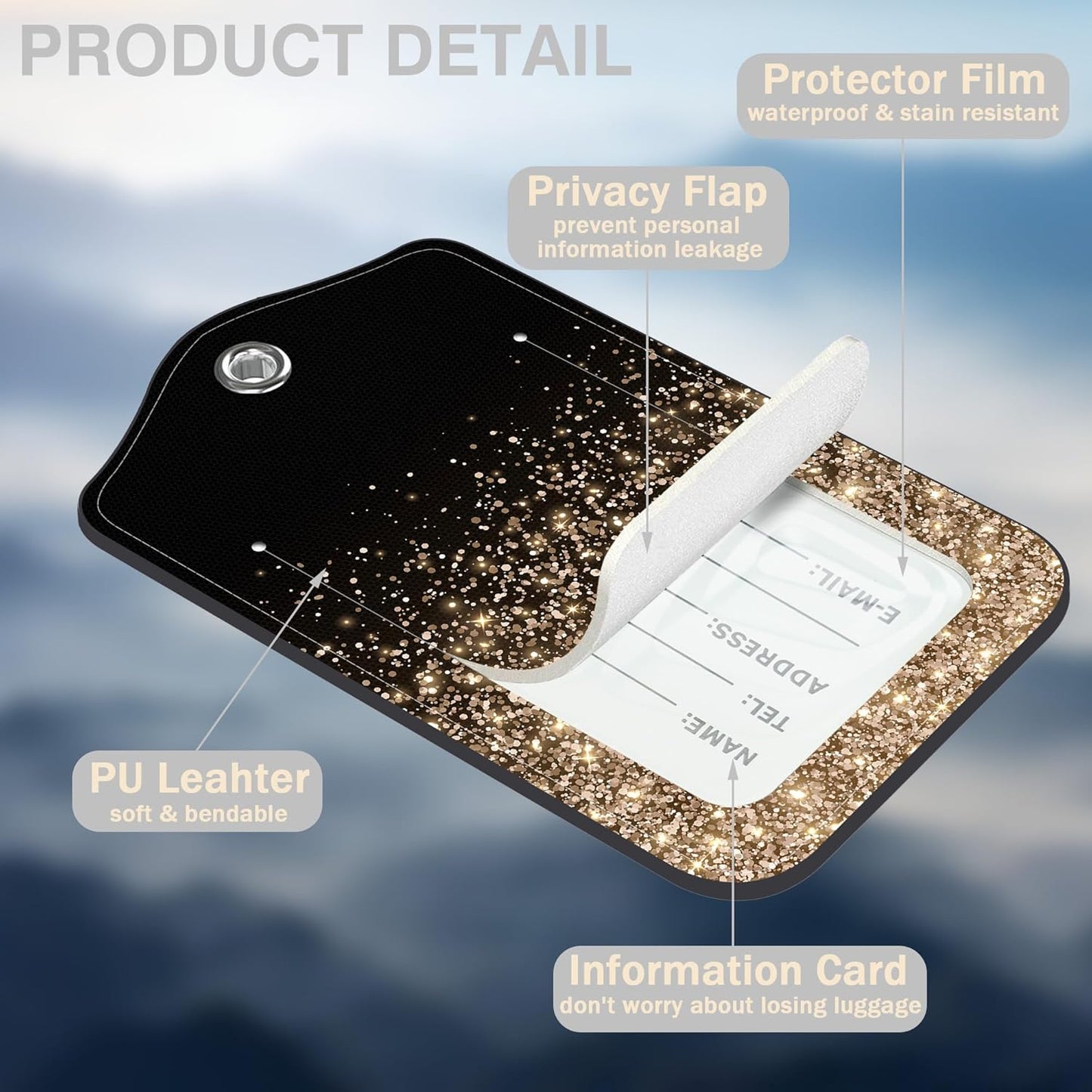 2 Pcs Rose and Gold Glitter Luggage Tags for Suitcases PU Leather Baggage Tags Name ID Label with Privacy Cover and Stainless Steel Loop for Men Women Travel Bag Suitcase