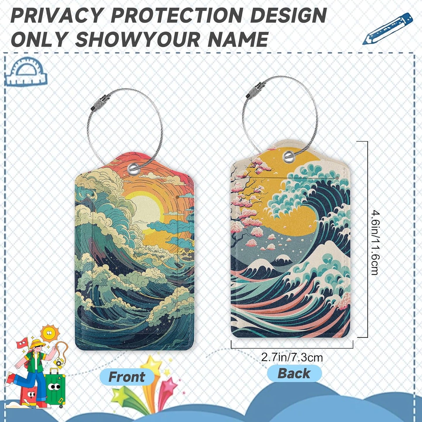 2 Pack Luggage Tag for Suitcase, Waves Sunrise Leather Bag Tags Identifiers Privacy Cover ID Label with Durable Steel Loop for Women Men Kids Girls Travel