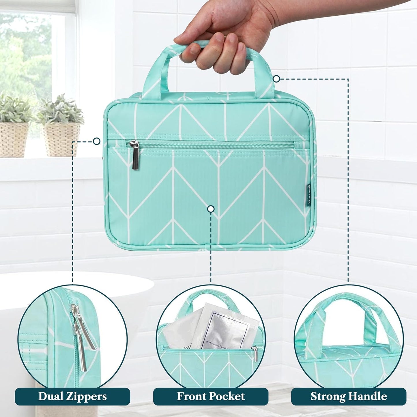 PAVILIA Hanging Toiletry Bag Travel Bag Women Men, Foldable Cosmetic Organizer, Roll up Makeup Bag, Water Resistant Accessories Toiletries, Large Travel Essentials Kit (Teal Chevron)