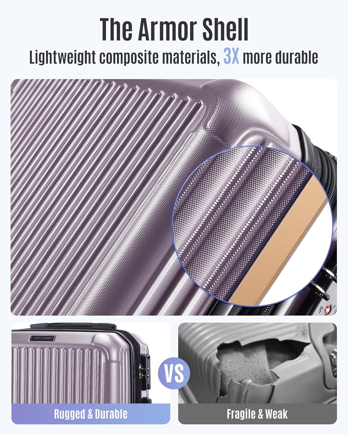 LIGHT FLIGHT Carry On Luggage 22x14x9 Airline Approved, Durable Hard Shell Carry On Suitcases with Wheels, Expandable Hardside Lightweight Travel Luggage with TSA Lock 20 Inch Carry on, Rose Purple