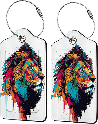 Colorful Lion in Pop Luggage Tags for Suitcases,Leather Bag Tags for Backpacks Handbag Instrument with Name ID Label Travel Essentials Baggage Tags 2 Pack
