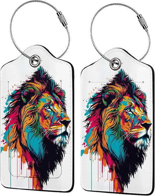Colorful Lion in Pop Luggage Tags for Suitcases,Leather Bag Tags for Backpacks Handbag Instrument with Name ID Label Travel Essentials Baggage Tags 2 Pack
