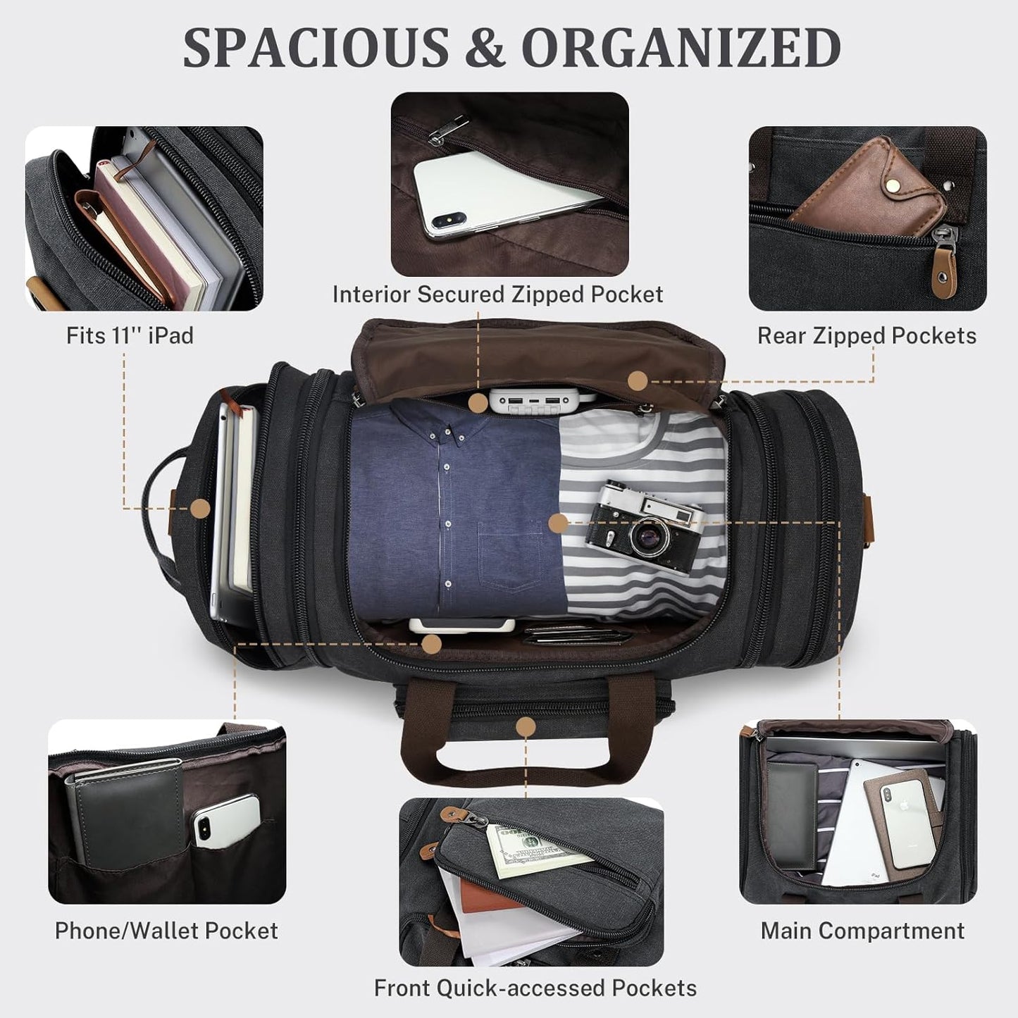 Gonex Canvas Duffle Bag 60L Travel Duffel Overnight Weekend Bag with Shoe Compartment (Dark Gray)