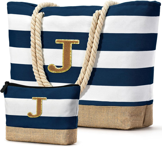 Becokan Beach Bag Initial Beach Tote with Makeup Bag for Travel Work Storage Personalized Birthday Gifts for Women Her