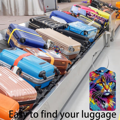 Colorful Cat 2 Pack Luggage Tag for Suitcase, Leather Bag Tags Identifiers Privacy Cover ID Label with Steel Loop for Women Men Kids Girls Travel