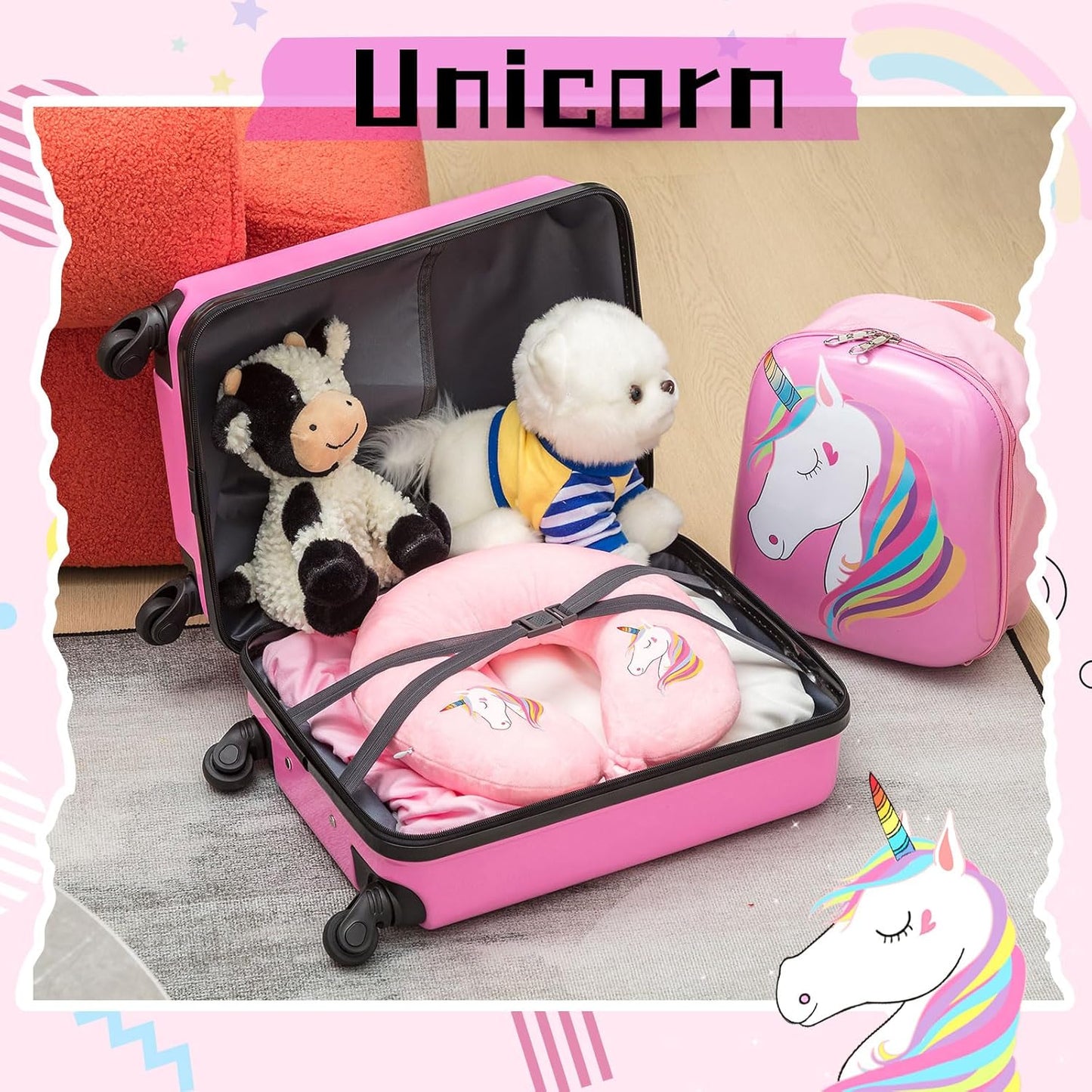 Sanwuta 4 Pcs Kids Luggage Set Kids Backpack Travel Rolling Suitcase with Wheels U-shape Pillow Childrens Gift for Girls Boys(17 Inch,Unicorn Style,Pink)