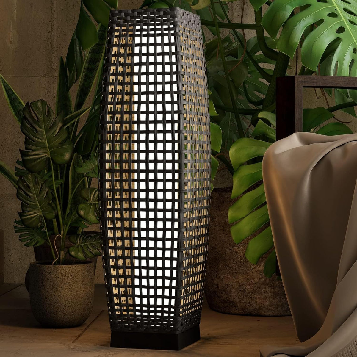 Grand patio Outdoor Floor Lamp Solar Powered Lantern Water-Resistant Wicker Deck Light for Garden or Porch -Large Fuji, Silver Gray