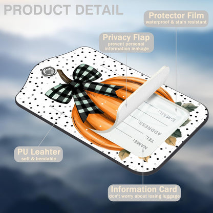 Pumpkin with Checkered Bow Set of 2 Luggage Tags for Suitcases Black Polka Dot Leather Suitcase Tags Identifiers with Privacy Name Label and Stainless Steel Loop for Women Travel Luggage Accessories
