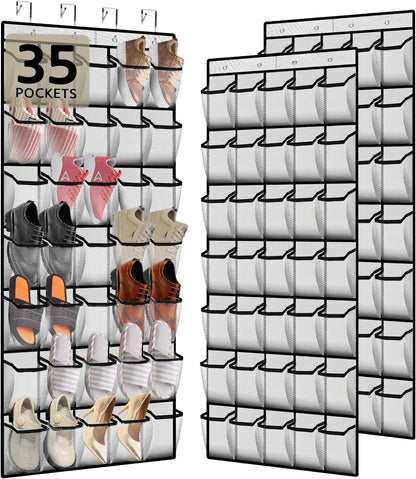 35 Pocket Over the Door Shoe Organizer,Reusable Breathable Large Mesh Bag Men's & Women's Sneaker Organizer,Shoe Organizer for Kids,Hanging Shoe Storage Hanging Bag (2PCS-White)
