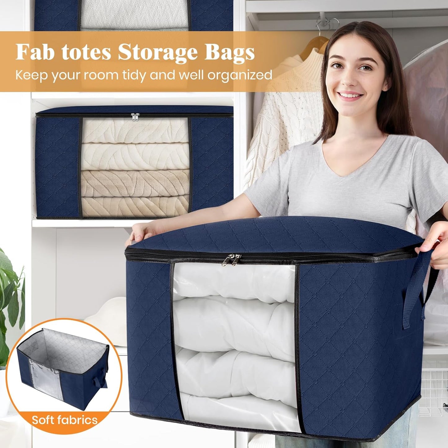 Fab totes 24 Gallons Clothes Storage, Foldable Thick Fabric Blanket Storage Bags, Containers for Organizing Bedroom, Closet, Clothing, Comforter, Organization with Handle (10 Pack,Blue)