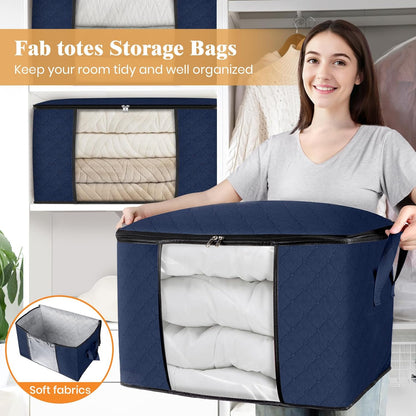 Fab totes 24 Gallons Clothes Storage, Foldable Thick Fabric Blanket Storage Bags, Containers for Organizing Bedroom, Closet, Clothing, Comforter, Organization with Handle (10 Pack,Blue)
