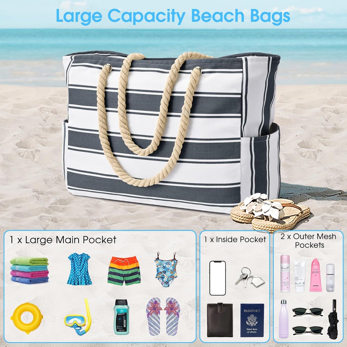 Becokan Beach Bags for Women Large Waterproof Beach Tote Bag Zipper Beach Bags Waterproof Sandproof Swim Pool Bag Large Tote