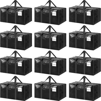 12 Pack Extra Heavy Duty Large Moving Bags with Strong Zipper & Comfortable Handles, Sturdy & Durable Clothes Storage Bags Totes Bins, Packing Moving Boxes for College Supplies, Black