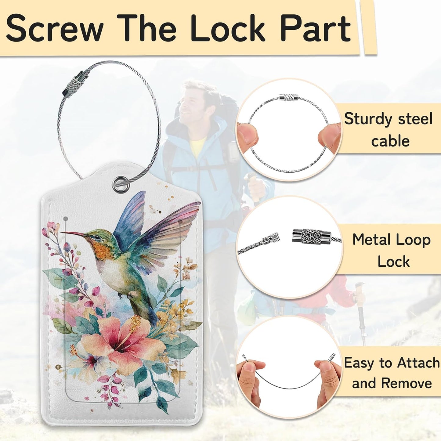 Hummingbird Flowers 3 Pack Luggage Tags for Suitcases, Cute Leather Name Tag with Privacy Cover with Stainless Steel Loops, Travel ID Bag Tags for Women Men