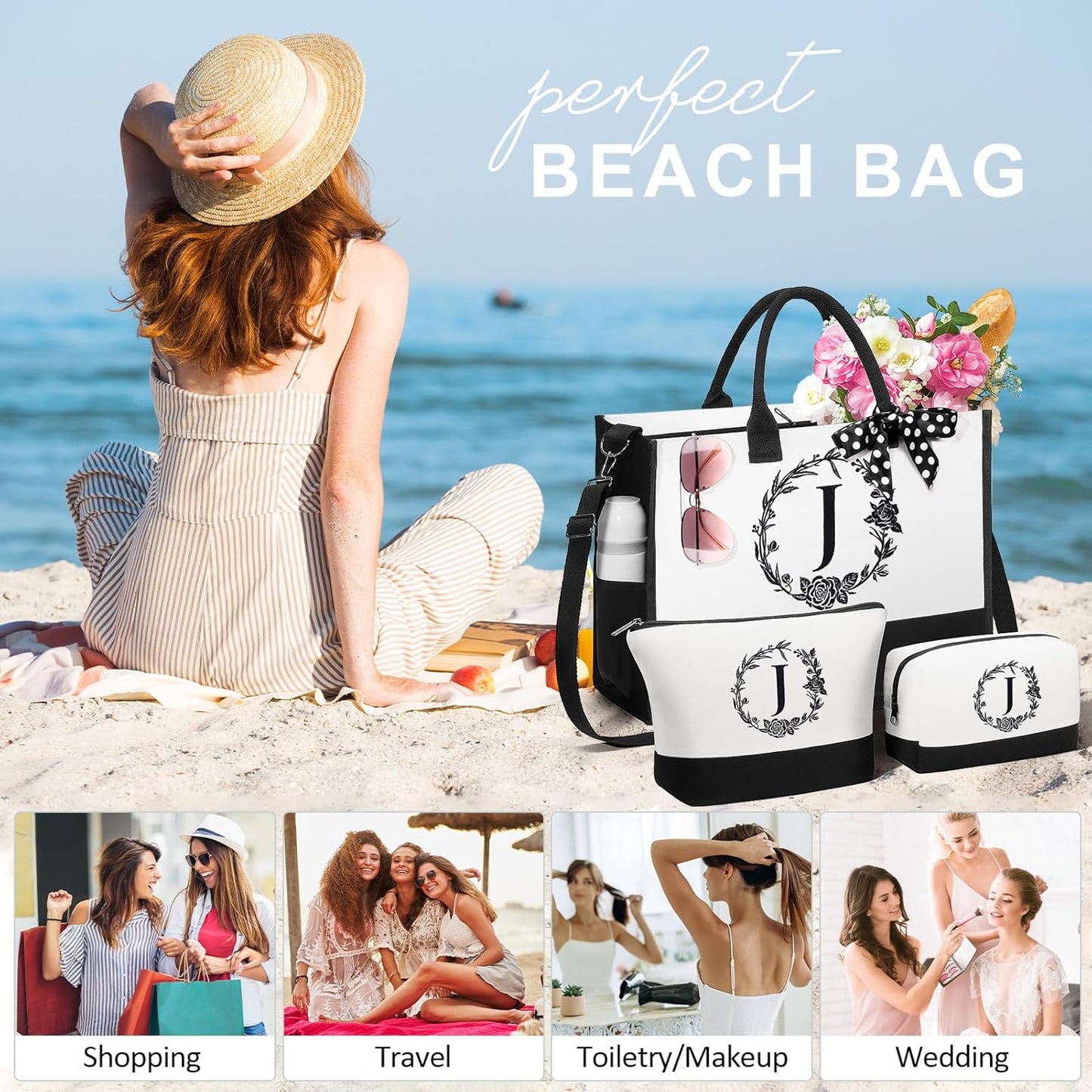 Personalized Mothers Day Gifts for Mom Women, Initial Canvas Tote Bag & Makeup Bag Monogrammed Beach Tote Bag for Women w/Zipper, Birthday Gifts for Her Wife Sister Friend Daughter Teacher Nurse