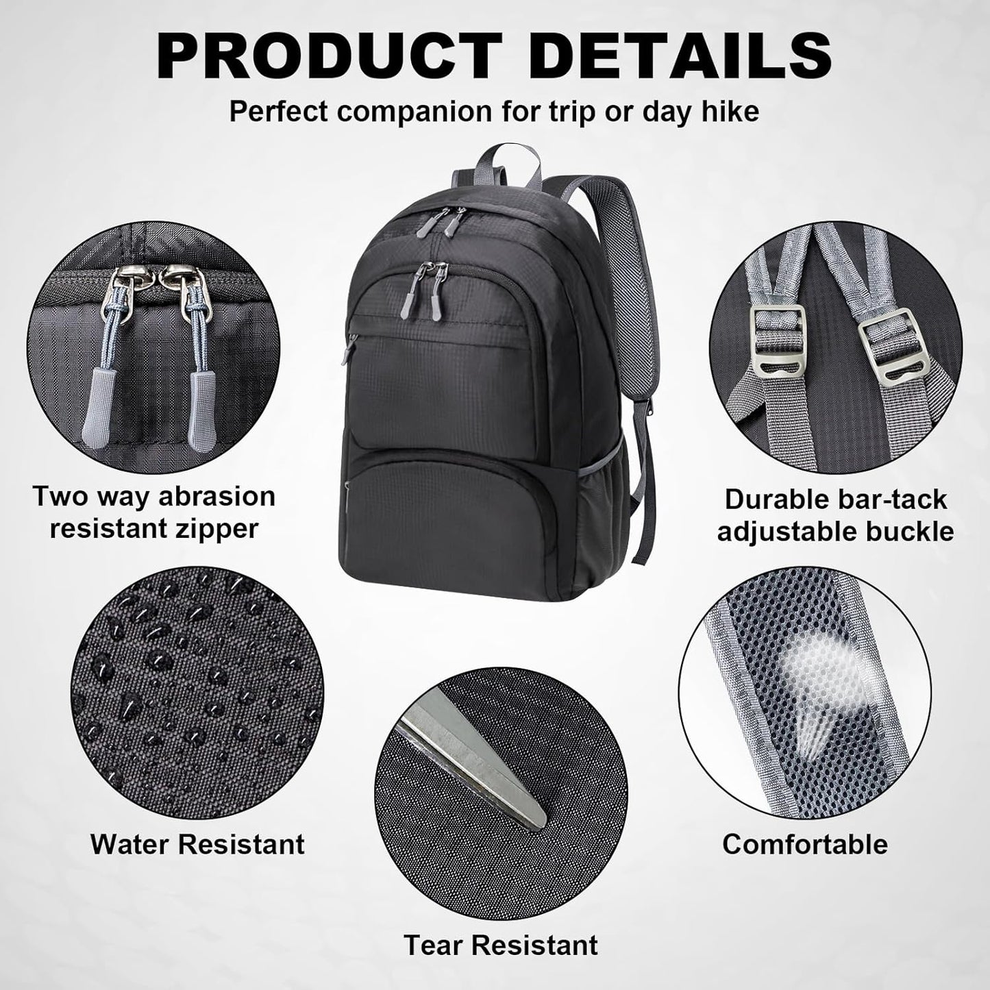 HOLYLUCK 20L lightweight packable Hiking Daypack Foldable Backpack for Men Women Small Travel Outdoor Foldable Shoulder Bag-black
