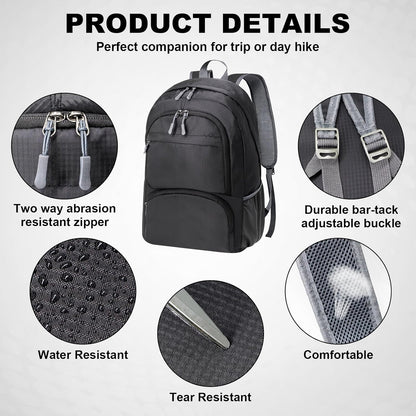 HOLYLUCK 20L lightweight packable Hiking Daypack Foldable Backpack for Men Women Small Travel Outdoor Foldable Shoulder Bag-black