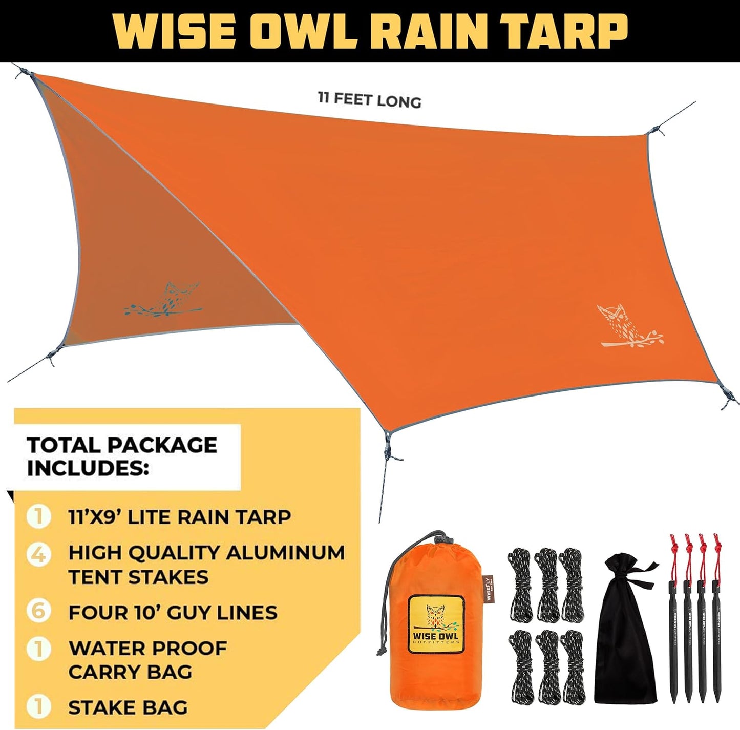 Wise Owl Outfitters Hammock Rain Fly – Waterproof Camping Tarp Cover with Tent Stakes & Carry Bag, Ultralight Shelter for Backpacking & Outdoor Shade