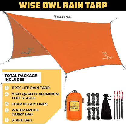 Wise Owl Outfitters Hammock Rain Fly – Waterproof Camping Tarp Cover with Tent Stakes & Carry Bag, Ultralight Shelter for Backpacking & Outdoor Shade