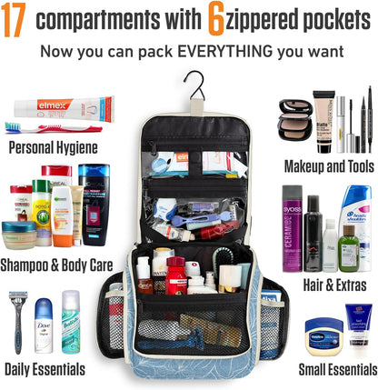 VENTURE 4TH Hanging Travel Toiletry Bag for Women & Men - Travel Organizer with Expandable Compartments & Removable Clear Pouch for Toiletries (Blue Flowers)