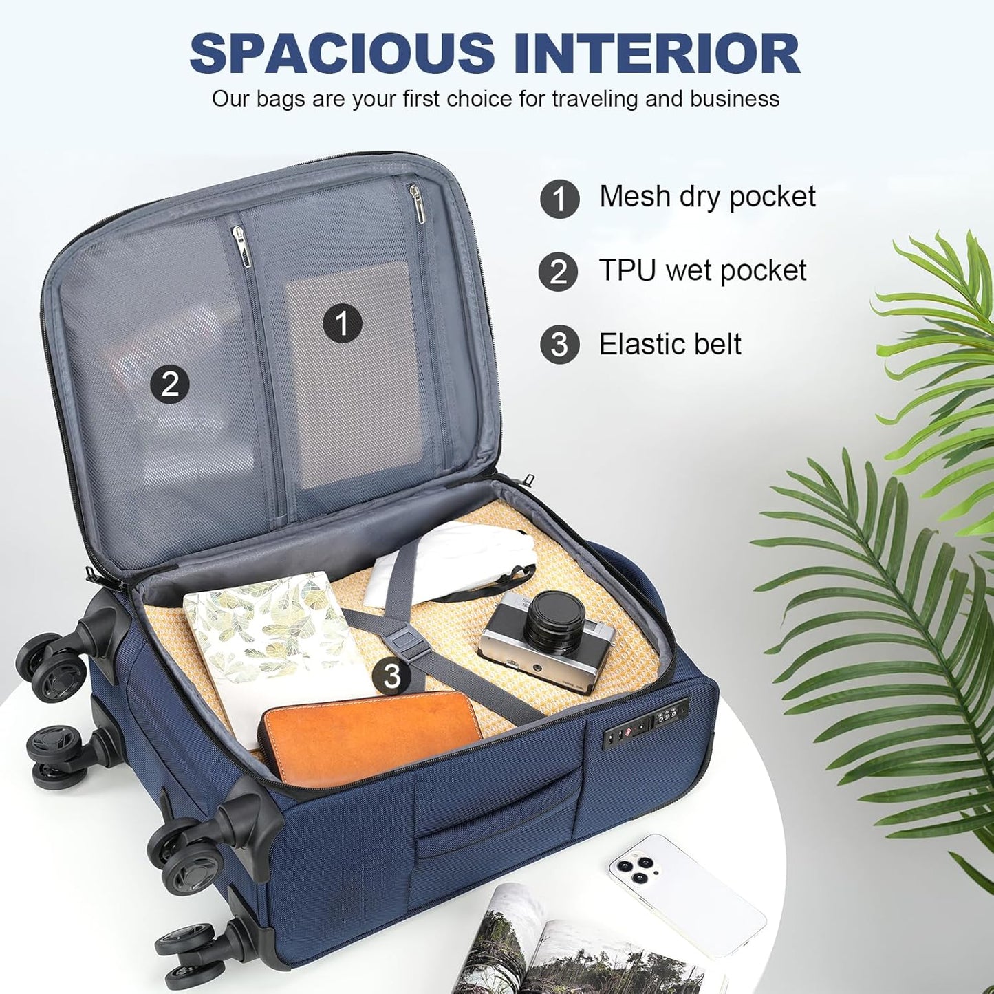 KROSER Softside Expandable Carry On Luggage with Spinner Wheels & Built-in TSA Lock, Durable Suitcase Rolling Luggage with USB Port, Carry-On 20-Inch, Navy