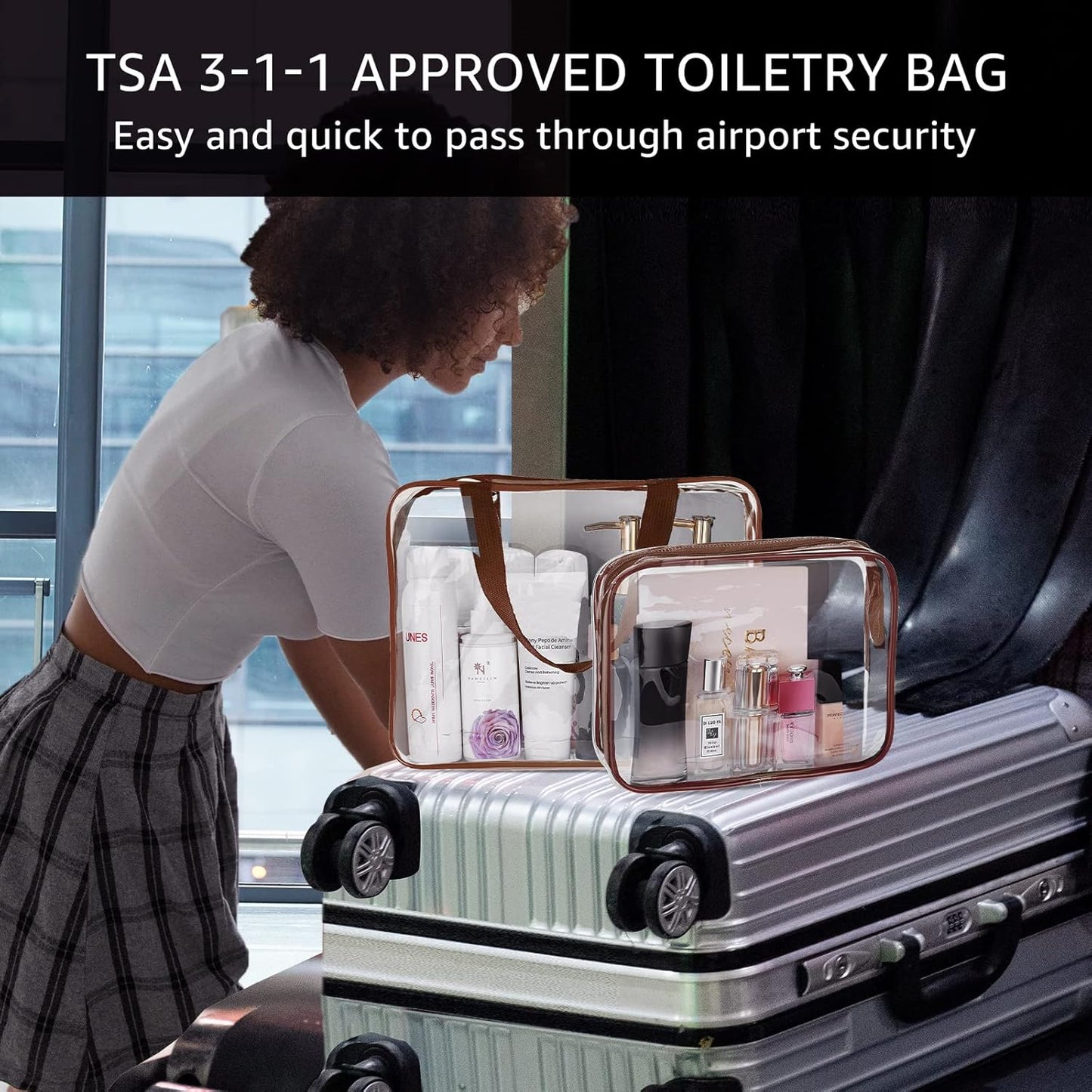 6Pcs Crystal Clear PVC Travel Toiletry Bag Kit for Women Men, Waterproof Vinyl Packing Organizer Storage Bags with Zipper Handle Straps, Cosmetic Pouch Carry on Airport Airline Compliant Bag Handbag