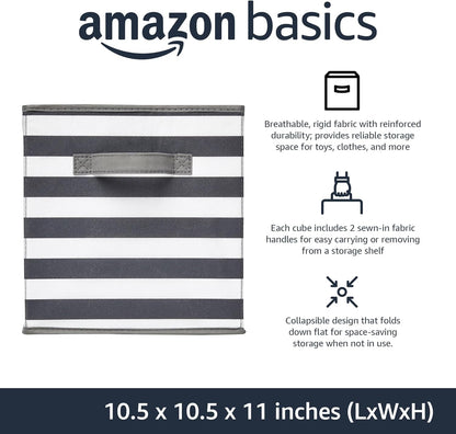 Amazon Basics Cube Organizer Storage Bins Handles, Collapsible Fabric, Pack of 6, 10.5"x10.5"x11", White/ Light Grey Stripe