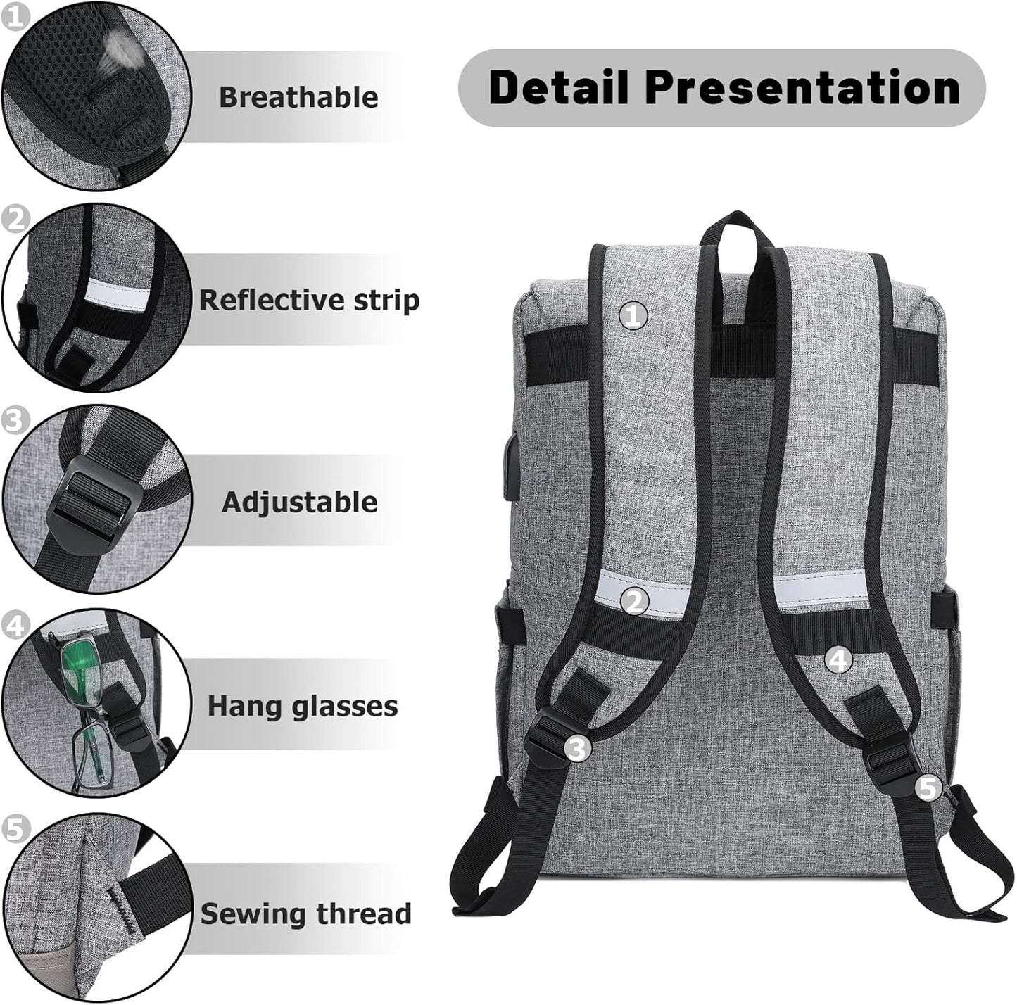 HFSX Vintage Backpack Anti Theft Laptop Backpack Men Women Business Travel Computer Backpack College Bookbag Stylish Water Resistant Vintage Backpack with USB Port Fits 15.6 Inch Laptop Grey