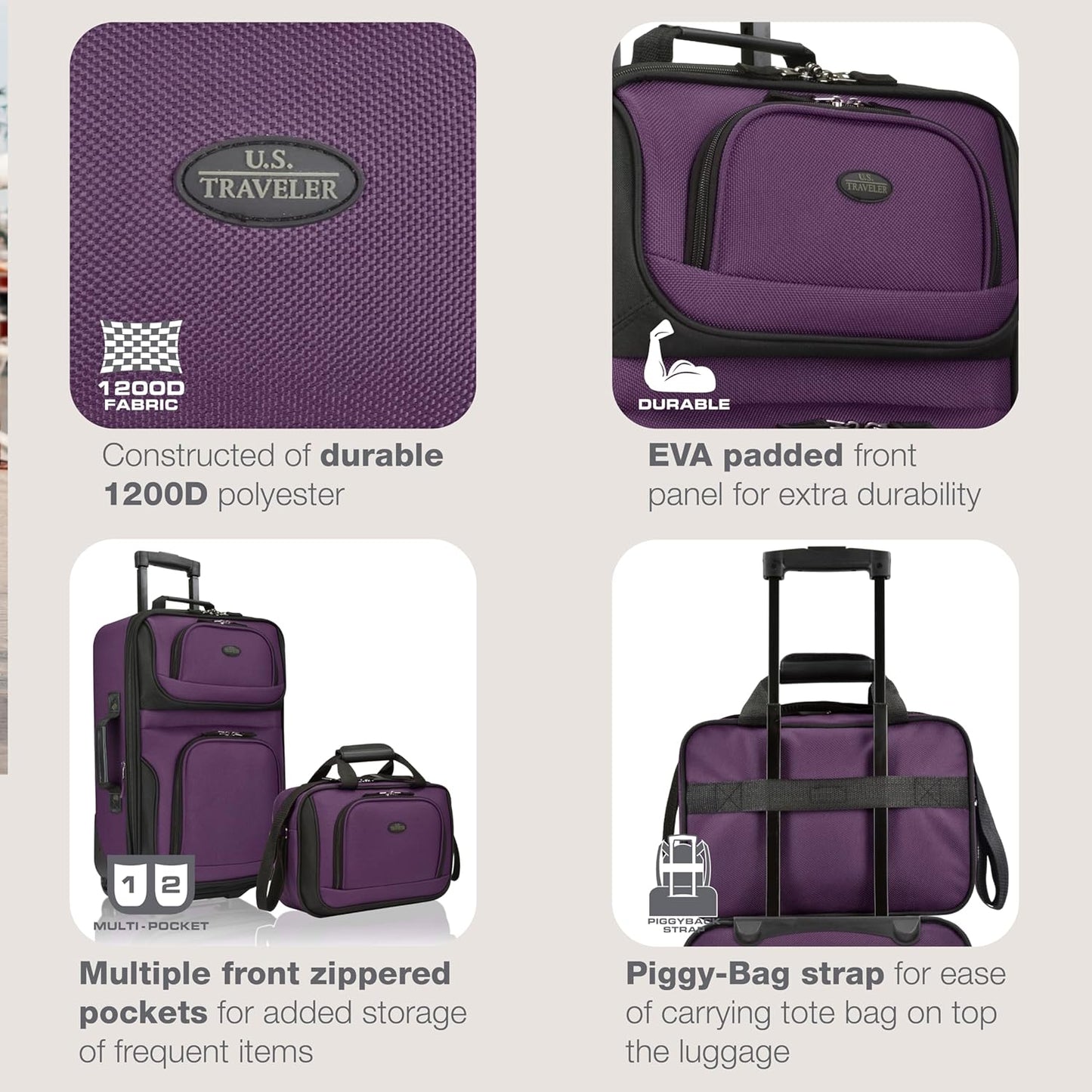 U.S. Traveler Rio Fabric Expandable Carry-on Luggage, Rolling Suitcase, Purple, 2 Wheel Set