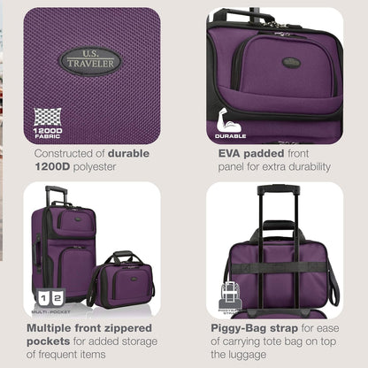 U.S. Traveler Rio Fabric Expandable Carry-on Luggage, Rolling Suitcase, Purple, 2 Wheel Set