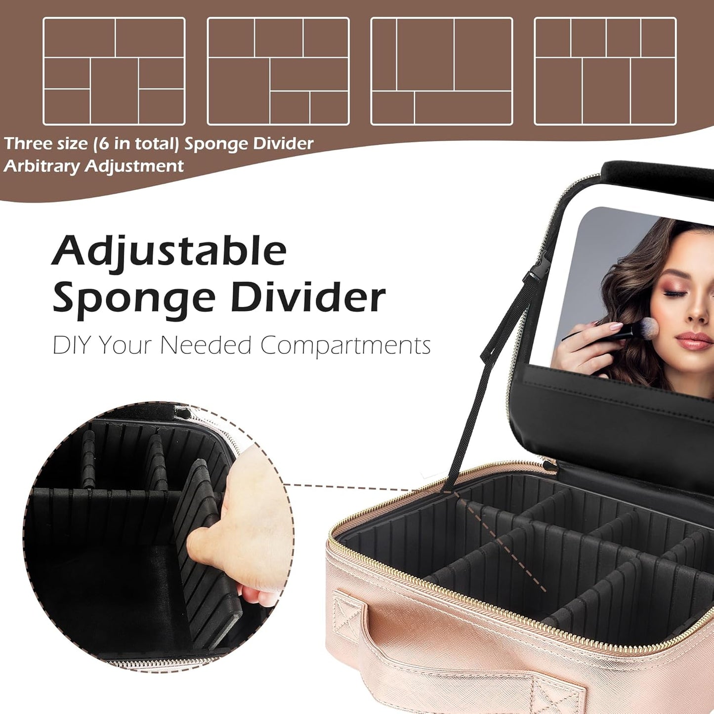 MOMIRA Travel Makeup Bag Cosmetic Bag Makeup Organizer Bag with Lighted Mirror, Adjustable Brightness in 3 Color Scenarios, Waterproof Makeup Train Case, Gift for Women - Champagne
