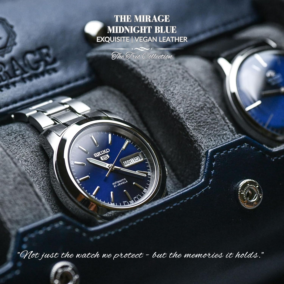 Watch Case Travel Organizer - Watch Roll Case - 3 Watch Case Display Storage - Watches Accessory Gift - Midnight Blue Vegan Leather