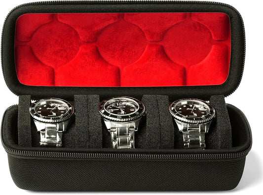 3 slots Watch travel case,Hard watch roll, travel watch case organizer holder with form-fitting pillow, red microfiber lining, fit large and small watches, perfect for travel and home.