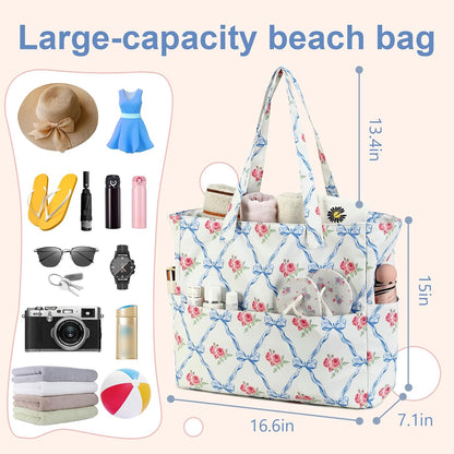 LEDAOU Beach Bag Waterproof Sandproof Women Tote Bag Pool Bag with Zipper for Gym Grocery Travel with Wet Pocket