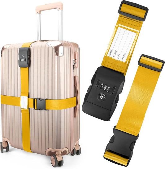 Luggage Straps, Yellow TSA Approved Luggage Strap Belt with Combination Lock for Suitcases, 2 Pack Adjustable Heavy Duty Cross Suitcase Straps with Name Tags for Travel, Carry On Bags, Protect Luggage