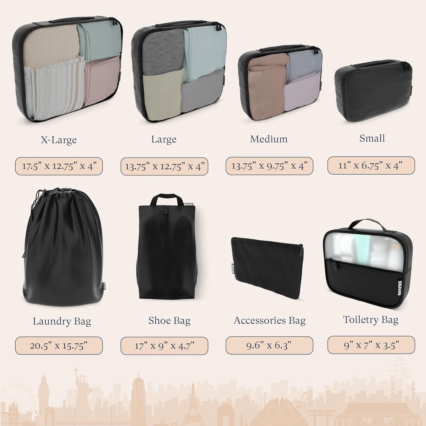 Shacke Premium 8 Packing Cubes Set - Lightweight Mesh Travel Luggage Organizers with Laundry Bag, 8-Piece Suitcase Storage System (Air Black)