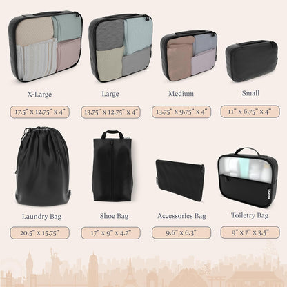 Shacke Premium 8 Packing Cubes Set - Lightweight Mesh Travel Luggage Organizers with Laundry Bag, 8-Piece Suitcase Storage System (Air Black)