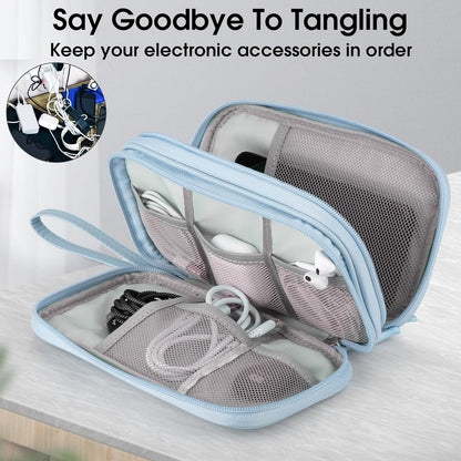 Leather Travel Electronic Organizer - Double Layer, Waterproof Case for Cables, Chargers, Phones & More - Portable, Shockproof Pouch for All Your Electronics Accessories (Light Blue, M)