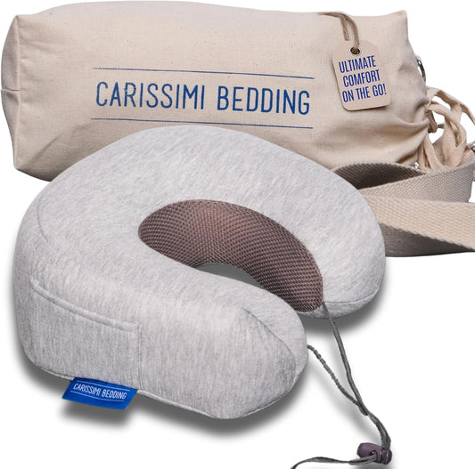 Travel Pillow with Bag – Compact Memory Foam Neck Pillow for Airplane, Car and Office – Ergonomic Design for Travel Comfort and Shoulder & Neck Support