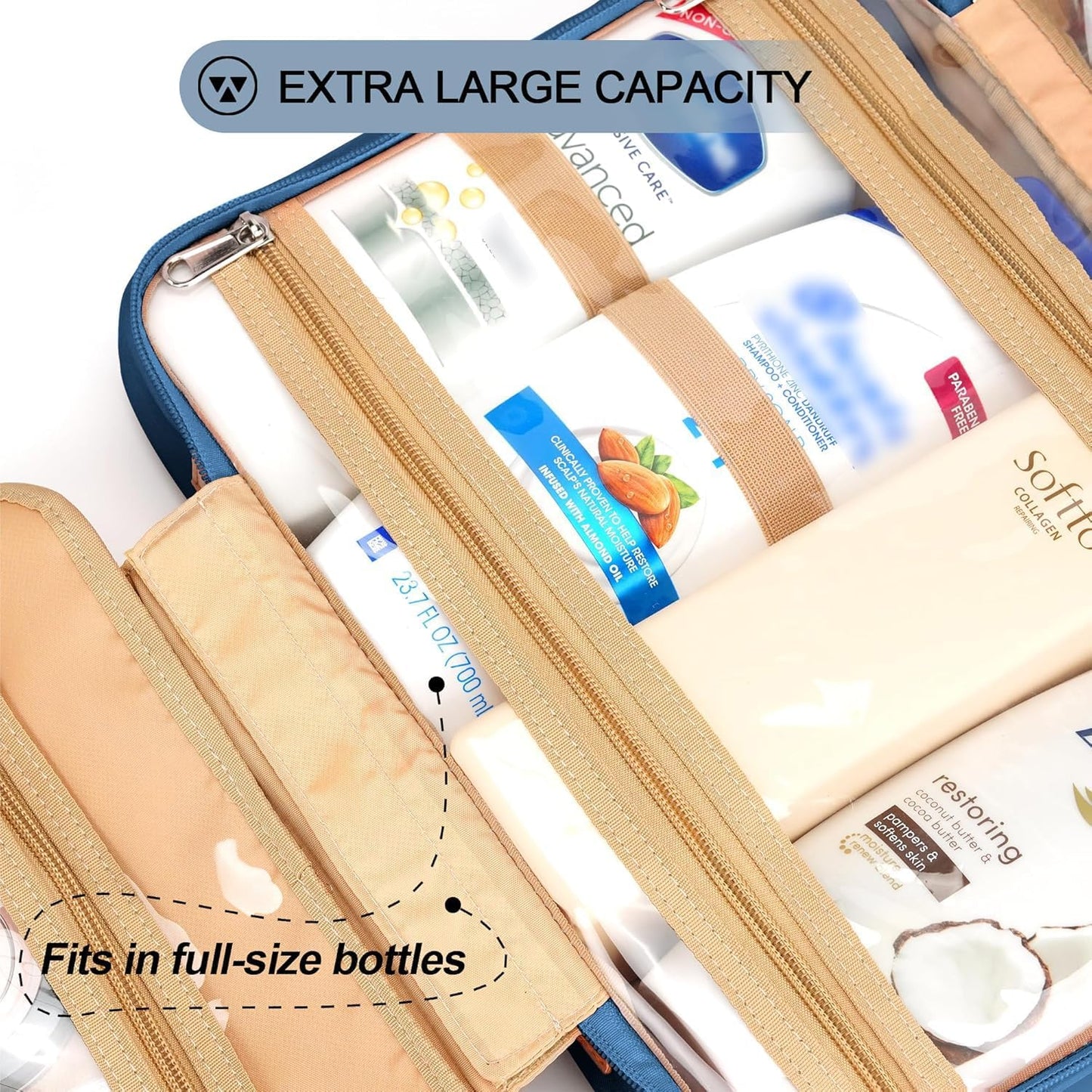 Travel Hanging Toiletry Bag for Women, Extra Large Makeup Bag, Holds Full-Size Shampoo, with Jewelry Organizer Compartment, Waterproof Cosmetic Bag, Toiletries Kit Set with Trolley Belt, Navy Blue