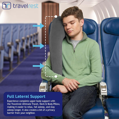 TRAVELREST Ultimate Inflatable Travel Neck & Body Pillow - Travel Essentials, Comfort and Upper Body Support, Airplane Neck Pillow for Long Flight, Straps to Airplane Seat & Car, for All Ages - Grey
