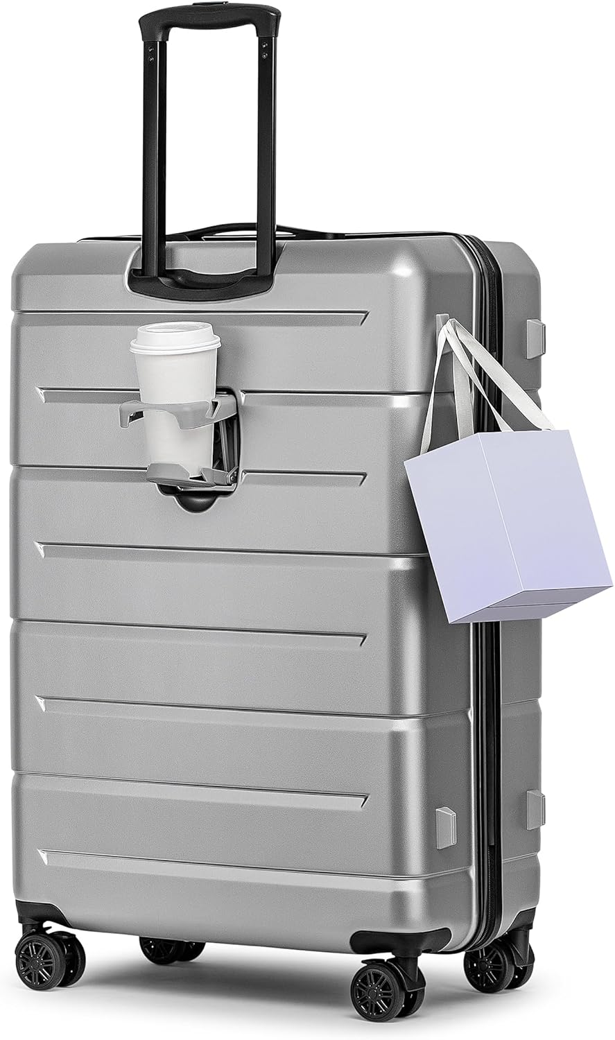 KYME Suitcases with Wheels Hardshell 30 Inch Luggage TSA Approved Large Checked Luggage Durable Travel Rolling Suitcase with Cup Holder for Women Men Silver Grey