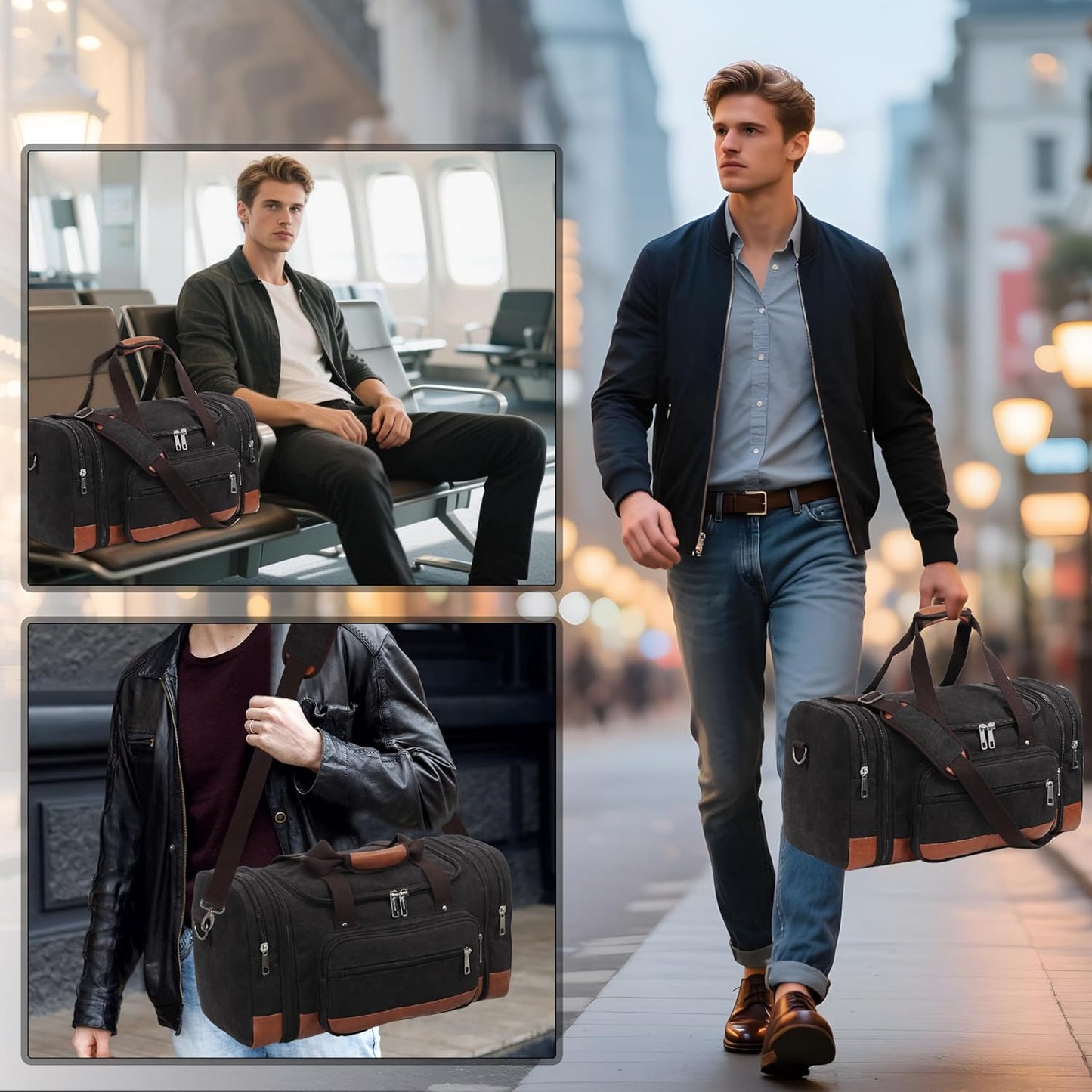 Men'S Duffle Bag For Travel, Expandable Canvas Duffel Bags Overnight Weekend Gym Carry On Luggage Bag For Men(Black)