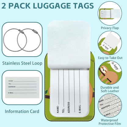 Cute Sloth Luggage Tag for Suitcase Set of 2 PU Leather Cute Luggage Tags with Stainless Metal Loop ID Label Privacy Flap Suitcase Tags for Women and Men Travel