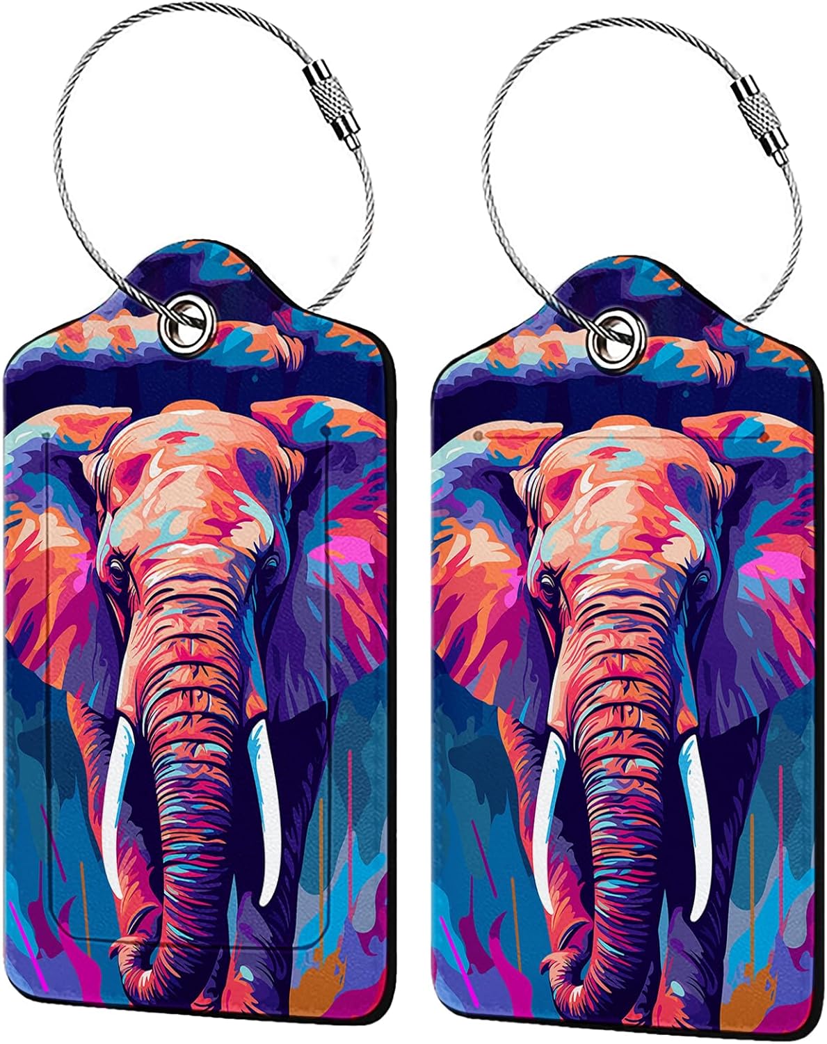Colorful Elephant 2 Pcs Luggage Tags,Privacy Cover ID Label with Stainless Steel Loop and Address Card for Travel Bag Suitcase