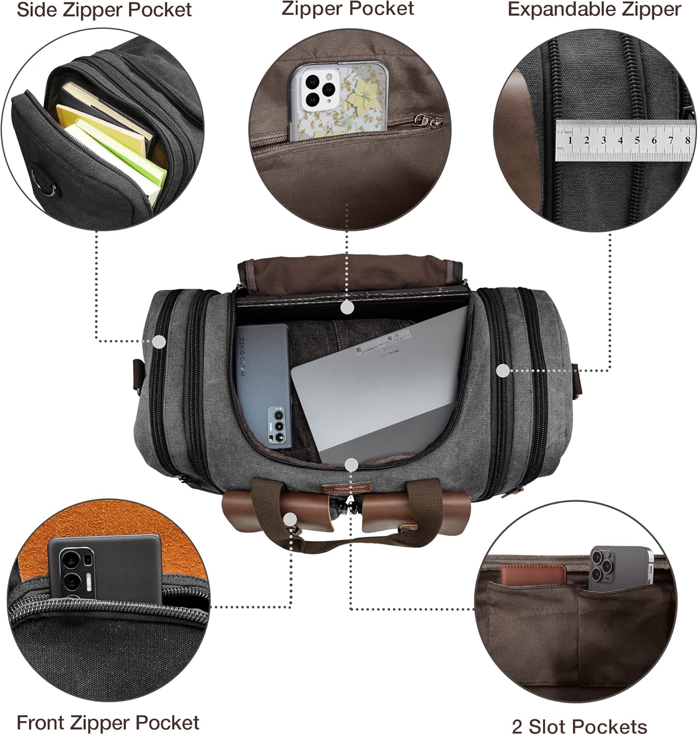 Wildroad 60L Travel Duffel Bag, Expandable Canvas Genuine Leather Duffle Bag Upgraded Overnight Weekender Bag Carry on Bag