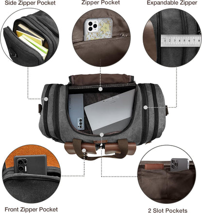 Wildroad 60L Travel Duffel Bag, Expandable Canvas Genuine Leather Duffle Bag Upgraded Overnight Weekender Bag Carry on Bag